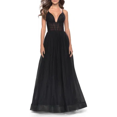 La Femme A-line Tulle Gown With Illusion Bodice And Boning In Black