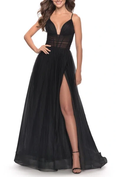 La Femme A-line Tulle Gown With Illusion Bodice And Boning In Black