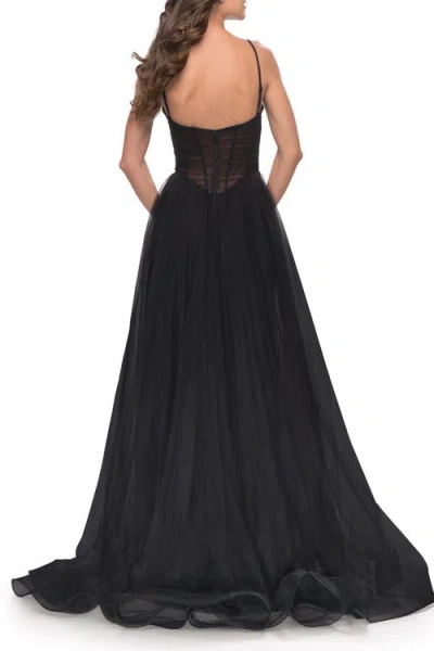 La Femme A-line Tulle Gown With Illusion Bodice And Boning In Black