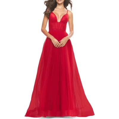 La Femme A-line Tulle Gown With Illusion Bodice And Boning In Red