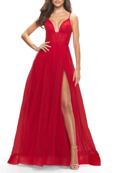 La Femme A-line Tulle Gown With Illusion Bodice And Boning In Red