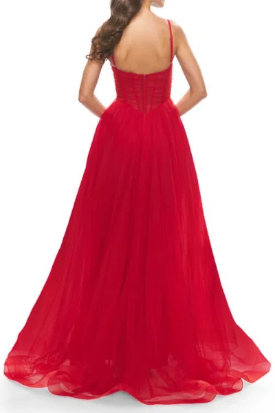 La Femme A-line Tulle Gown With Illusion Bodice And Boning In Red