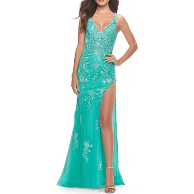 La Femme Lace Long Dress With High Side Slit And V Neckline In Aqua