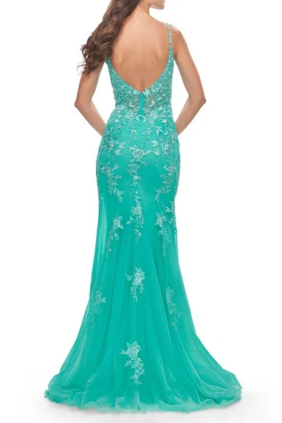 La Femme Lace Long Dress With High Side Slit And V Neckline In Aqua