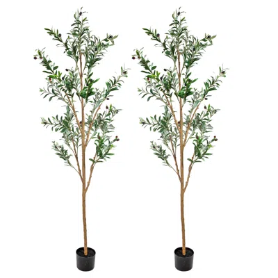 Sunnydaze Artificial Olive Tree Tall Faux Silk Plant For Indoor Spaces In Black Planter Base - 7 Ft - 2pk