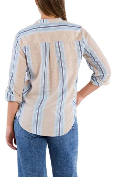 Billy T Belize Stripe Roll Tab Sleeve Popover Shirt In Blue Multi Stripes