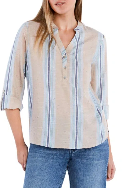 Billy T Belize Stripe Roll Tab Sleeve Popover Shirt In Blue Multi Stripes