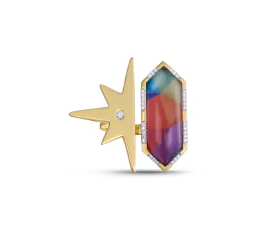 Luvmyjewelry Bangpop Half Star Design Diamond Yellow Gold Plated Silver Mosaic Open Ring In Yellow