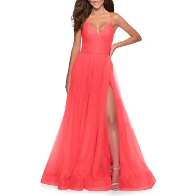 La Femme Long Tulle A-line Gown With Side Slit And Pockets In Hot Coral