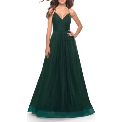 La Femme Long Tulle A-line Gown With Side Slit And Pockets In Dark Emerald