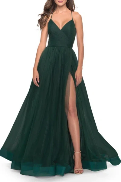 La Femme Long Tulle A-line Gown With Side Slit And Pockets In Dark Emerald