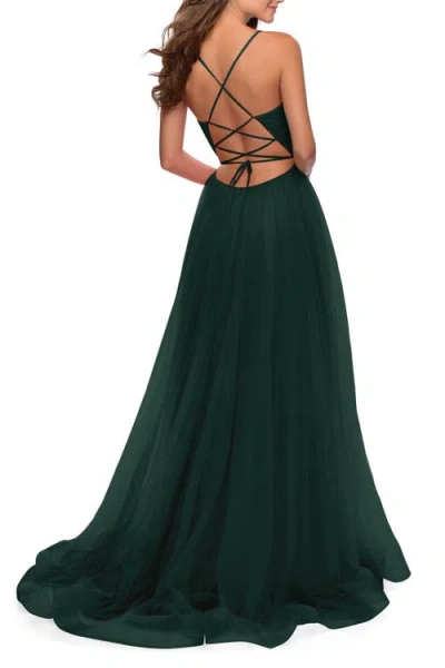 La Femme Long Tulle A-line Gown With Side Slit And Pockets In Dark Emerald
