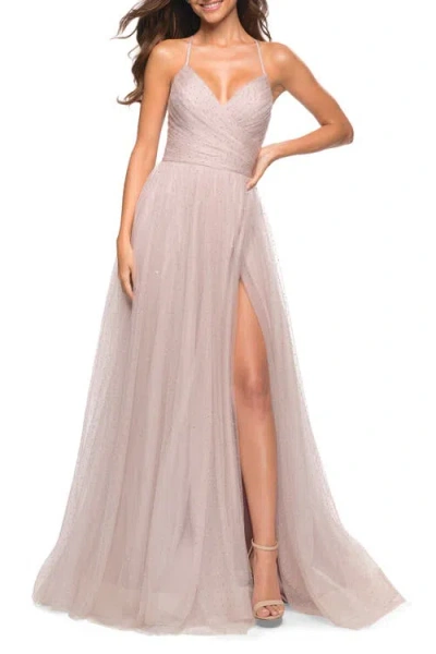 La Femme Rhinestone Tulle Ballgown With Slit And Lace Up Back In Mauve