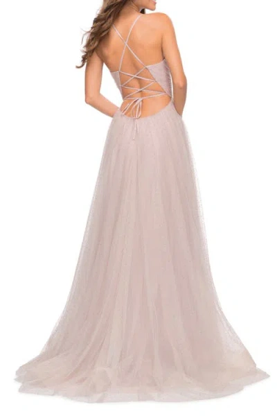 La Femme Rhinestone Tulle Ballgown With Slit And Lace Up Back In Mauve