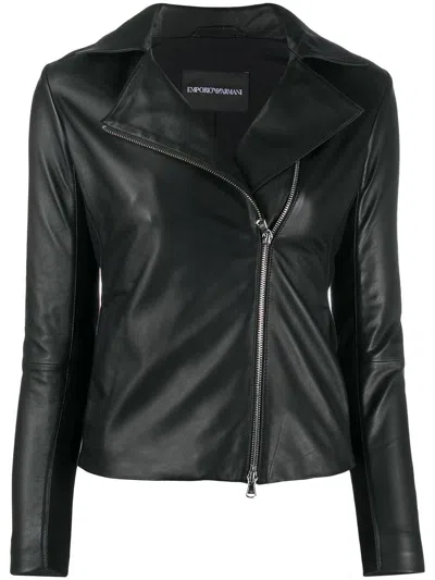 Emporio Armani Long-sleeved Zipped Biker Jacket In Black
