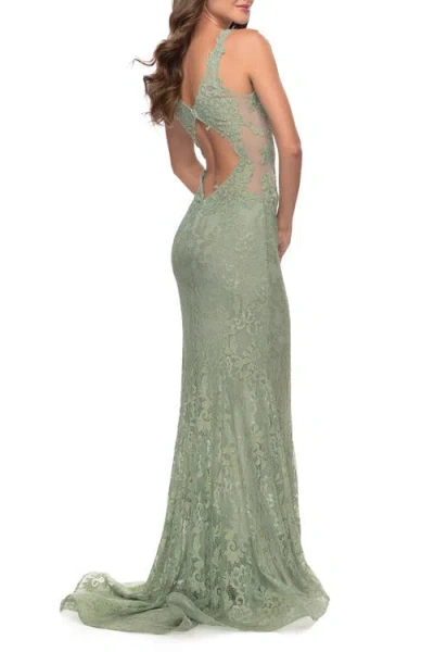 La Femme Fitted Stretch Lace Gown With Deep V And Beading In Sage