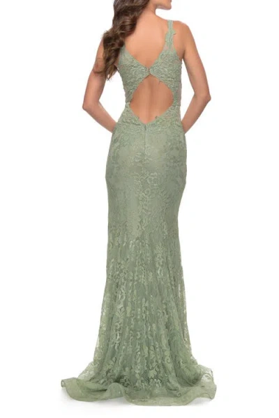 La Femme Fitted Stretch Lace Gown With Deep V And Beading In Sage