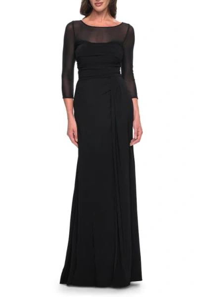 La Femme Chic Black Evening Dress With Illusion Neckline And Sleeves In Black