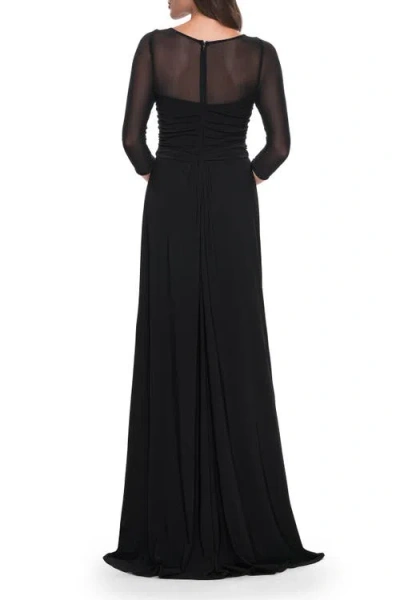 La Femme Chic Black Evening Dress With Illusion Neckline And Sleeves In Black