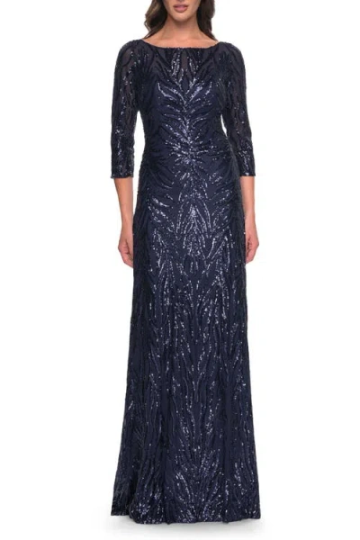 La Femme Print Sequin Gown With High Neckline And Sleeves In Navy