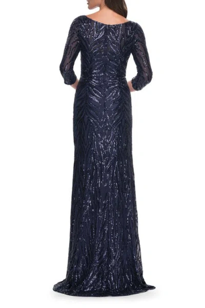 La Femme Print Sequin Gown With High Neckline And Sleeves In Navy