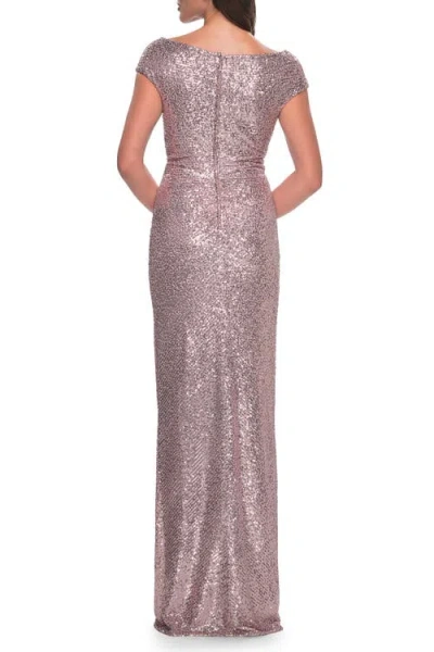 La Femme Sequin Evening Dress With Ruching And V Neckline In Mauve