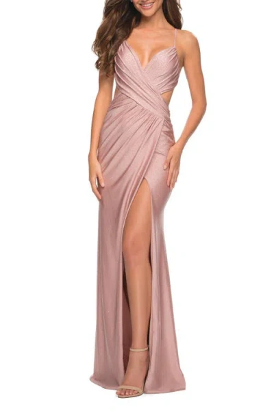 La Femme Ruched Long Gown With Criss-cross Style Bodice In Mauve