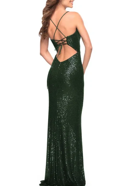La Femme Long Sequin Gown With Wrap Style Top And Slit In Emerald