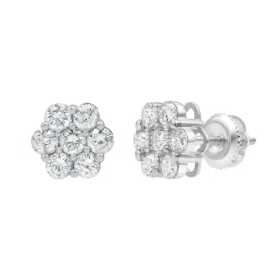 Luvmyjewelry Blossom 14k White Gold Flower Cluster Diamond Unisex Earrings In Silver