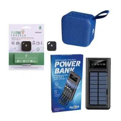 Pursonic Wireless Speaker, Solarsync Power Bank & Purtag Tracker Bundle Ultimate Sound, Power & Secu In Black