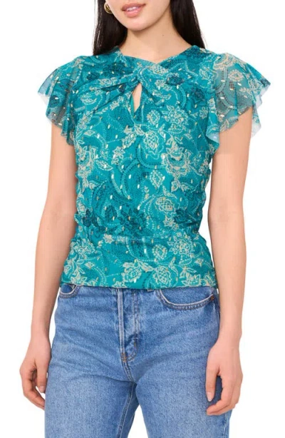 Vince Camuto Flutter Sleeve Clip Dot Mesh Top In Cool Lapis