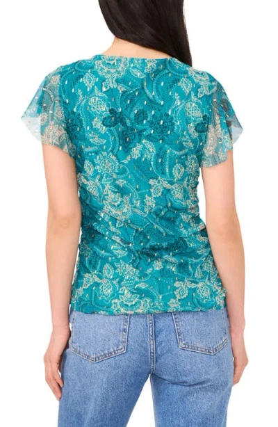 Vince Camuto Flutter Sleeve Clip Dot Mesh Top In Cool Lapis