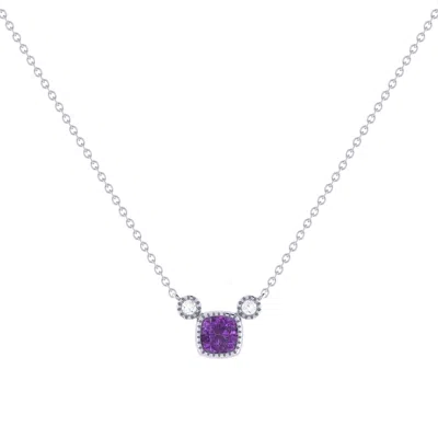 Luvmyjewelry Cushion Cut Amethyst & Diamond 14k Gold Birthstone Necklace In Silver