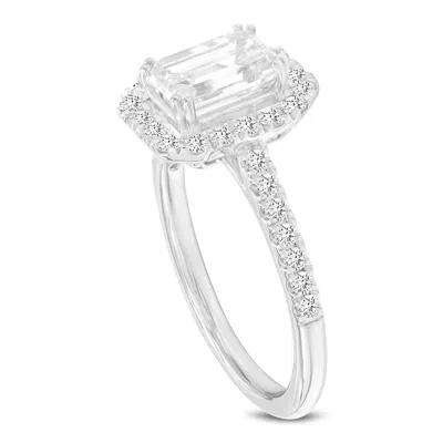 Luvmyjewelry Valora 14k White Gold Emerald Cut Lab Grown Diamond Halo Engagement Ring In Silver
