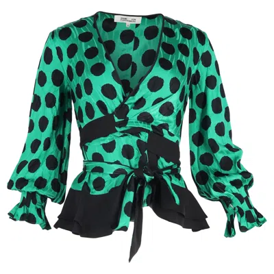 Diane Von Furstenberg Crepe-paneled Polka-dot Satin Wrap Top In Green Rayon In Green