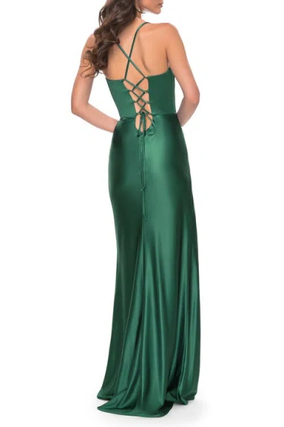 La Femme Stretch Satin Gown With Bustier Top And Lace Up Back In Dark Emerald
