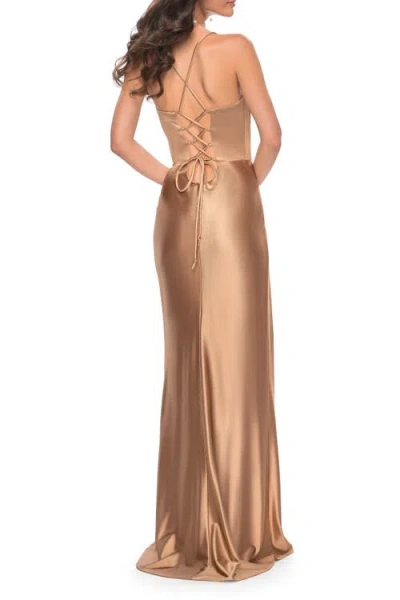 La Femme Stretch Satin Gown With Bustier Top And Lace Up Back In Bronze
