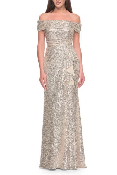La Femme Off The Shoulder Sequin Gown With Ruching In Silver
