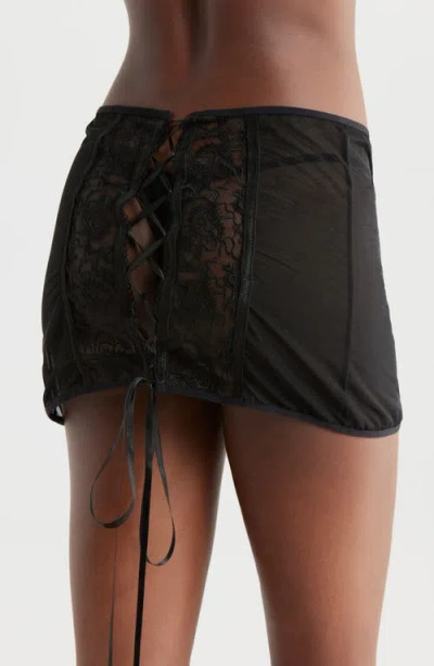 Kilo Brava Embroidered Lace-up Sheer Skirt & G-string Set In Black