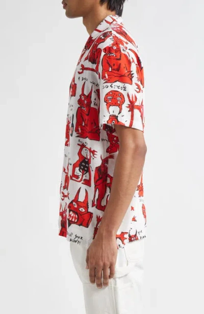 Endless Joy Devil Print Lenzing™ Ecovero™ Viscose Button-up Shirt In White