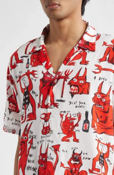 Endless Joy Devil Print Lenzing™ Ecovero™ Viscose Button-up Shirt In White