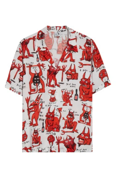 Endless Joy Devil Print Lenzing™ Ecovero™ Viscose Button-up Shirt In White