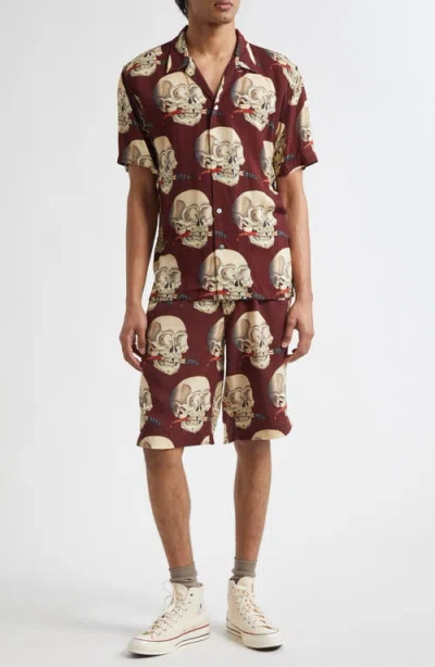 Endless Joy Skull Print Camp Shirt In Brown