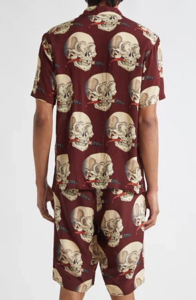 Endless Joy Skull Print Camp Shirt In Brown