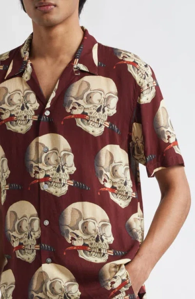 Endless Joy Skull Print Camp Shirt In Brown