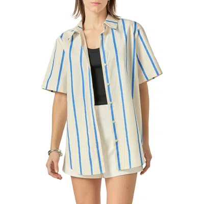 English Factory Stripe Short Sleeve Button-up Top In Blue Multi