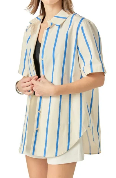 English Factory Stripe Short Sleeve Button-up Top In Blue Multi