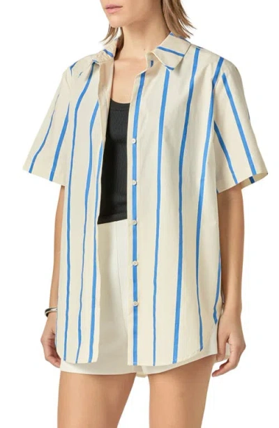 English Factory Stripe Short Sleeve Button-up Top In Blue Multi