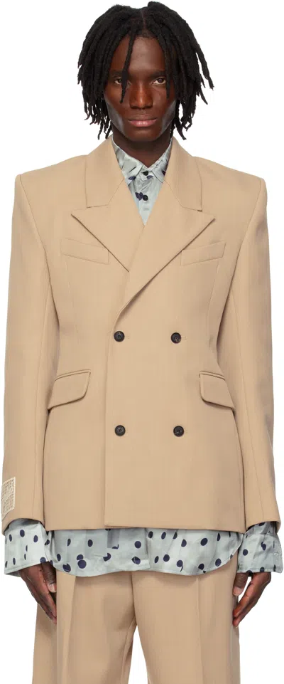 Egonlab Beige Fitted Double Breasted Blazer In Tailoring Nude Wool