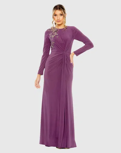 Mac Duggal Jersey High Neck Long Sleeve Embellished Gown In Heather